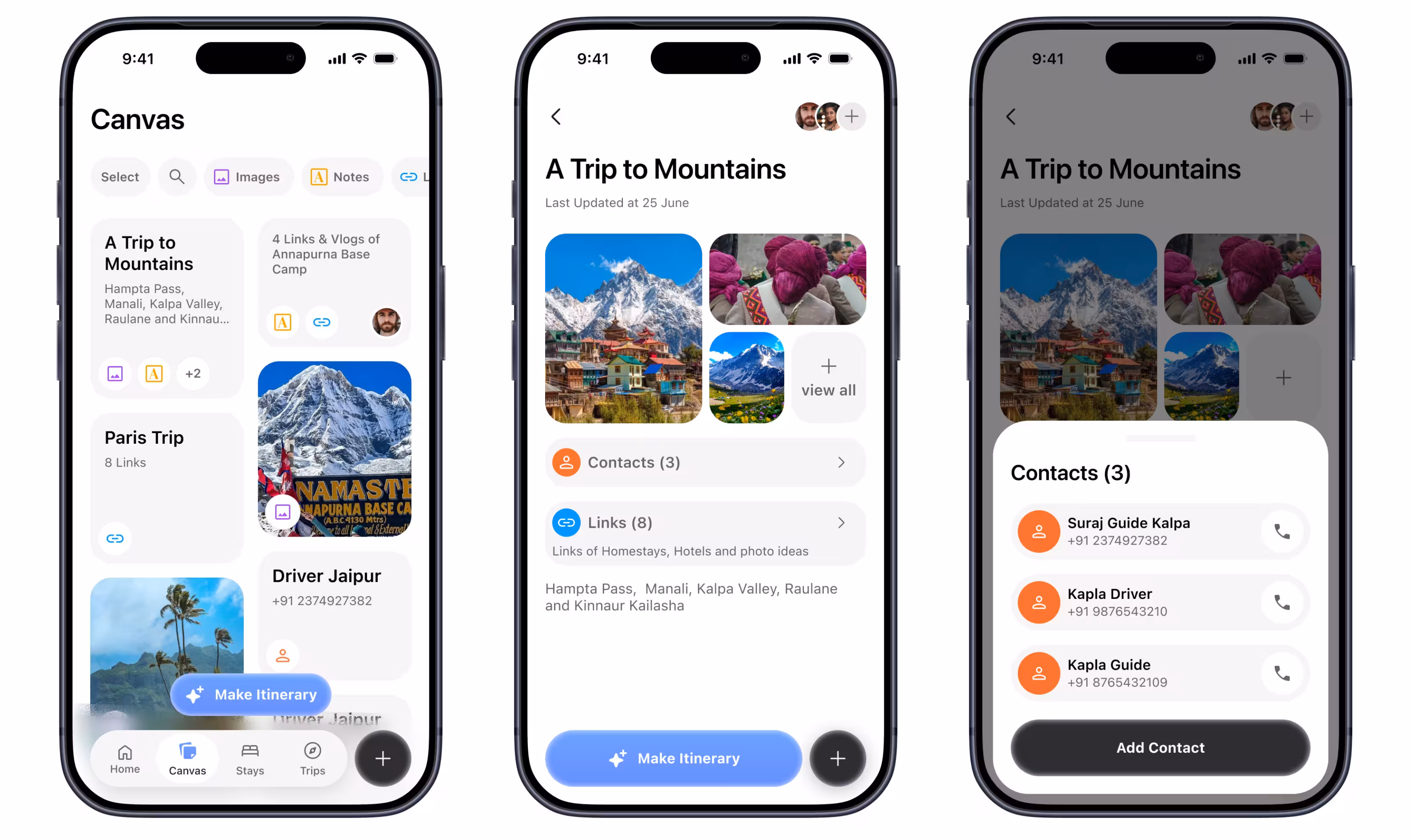Realizing that local intel (a driver's number, a guide's WhatsApp) is crucial but easily lost, I added a specific module to save Contacts directly to the trip space